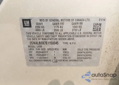 2014 Chevrolet Equinox 1Lt from USA, damaged, VIN 2GNALBEK7E1150045